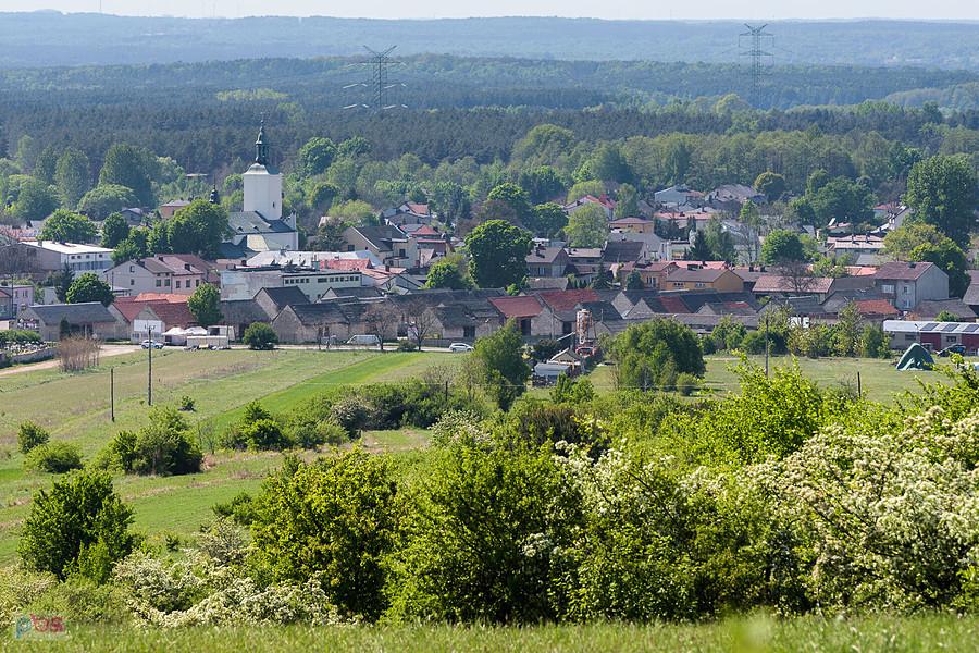 Widok na centrum Żarek, kościół św. Apostołów Szymona i Judy Tadeusza oraz kompleks zabytkowych stodół na placu targowym
