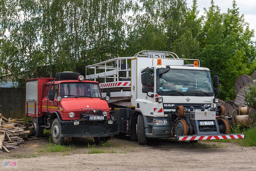 PSD, czyli pojazdy szynowo-drogowe przy stacji w Siewierzu - zabytkowy Unimog 406 i DAF CF 75.310