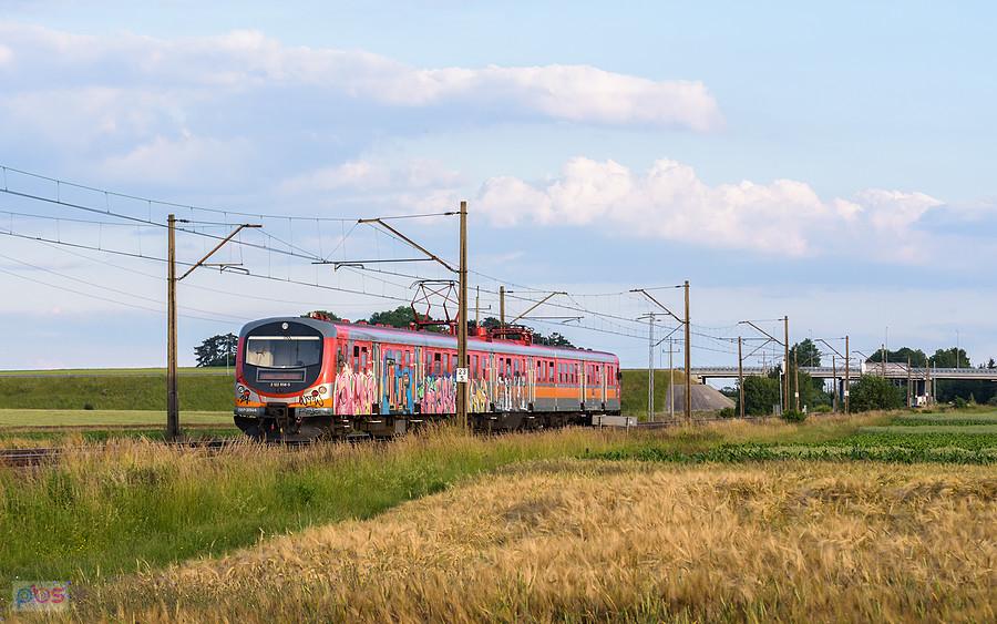 Szlak: Ciasna - Lubliniec, linia D29-143. EN57-2054 jako poc. R 64553/2 (Wrocław Główny - Lubliniec) mija pola w Lubecku.