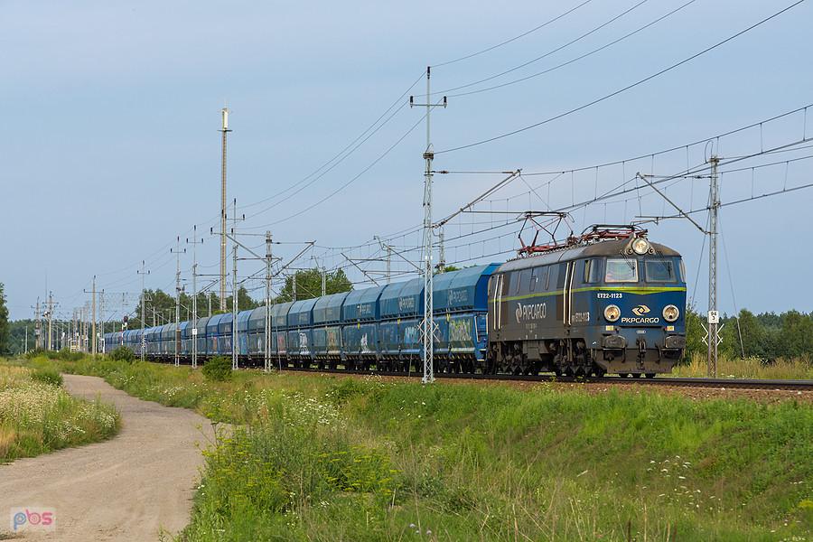 ET22-1123 pokonuje szlak linii D29-61: Julianka - Turów, mijając miejscowość Lusławice.