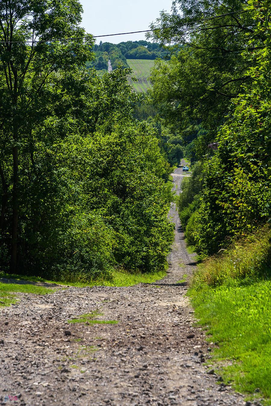 Ciągowice, ul. Górna - kamienisty zjazd.. zjeżdżałem z zawrotną prędkością 10-15 km/h, rower tutaj niepewnie trzymał się tej drogi. W oddali podjazd na Wysoką.