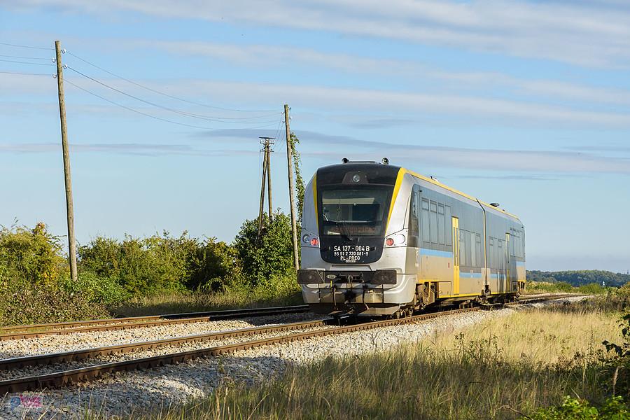 Szlak: Nowy Świętów - Prudnik, linia D29-137. SA137-004 jako poc. Regio 64626 (Brzeg - Kędzierzyn-Koźle) rozpędza się po odjeździe z po. Szybowice.