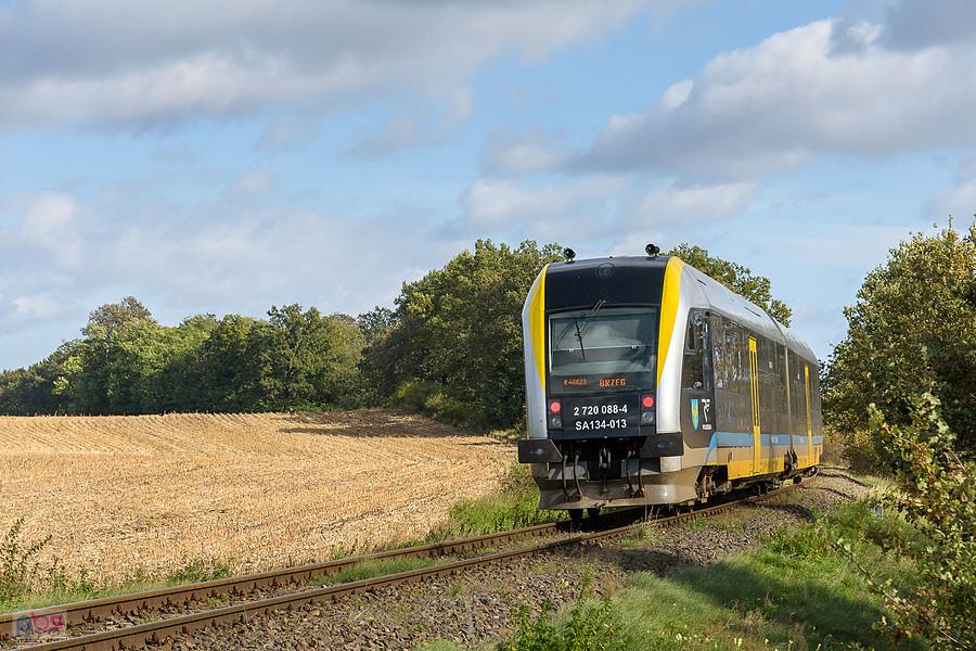 SA134-013 jako poc. osobowy Regio-46623 (Kędzierzyn-Koźle - Brzeg) mija pogranicze wsi Bykowice, Strobice i Goszowice, linia D29-288.