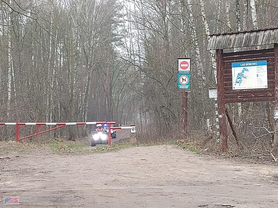 Jakieś pojazdy na sygnałach świetlnych jadą przez las