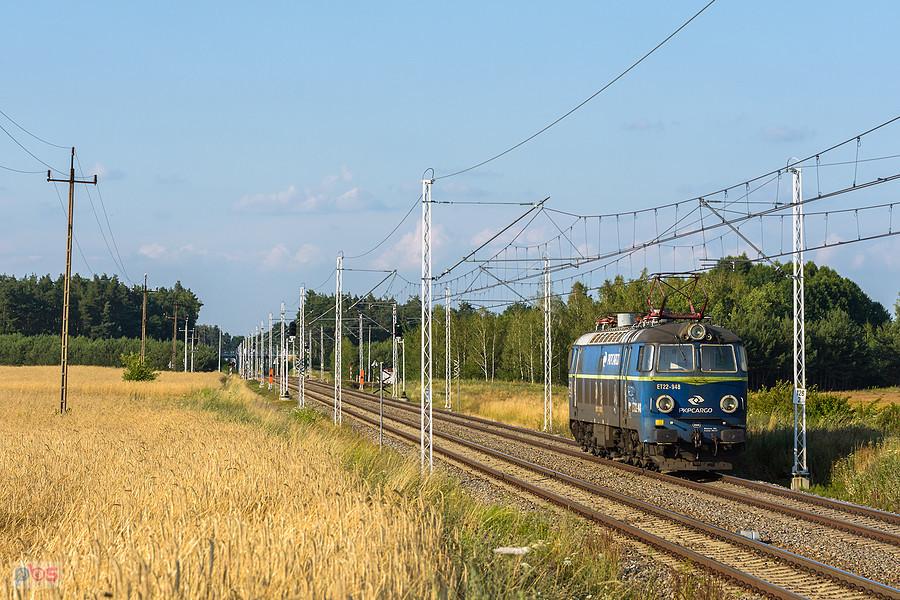 Szlak: Chorzew Siemkowice - Rusiec Łódzki, linia D29-131. ET22-948 mija Tuchań, kierując się na północ.