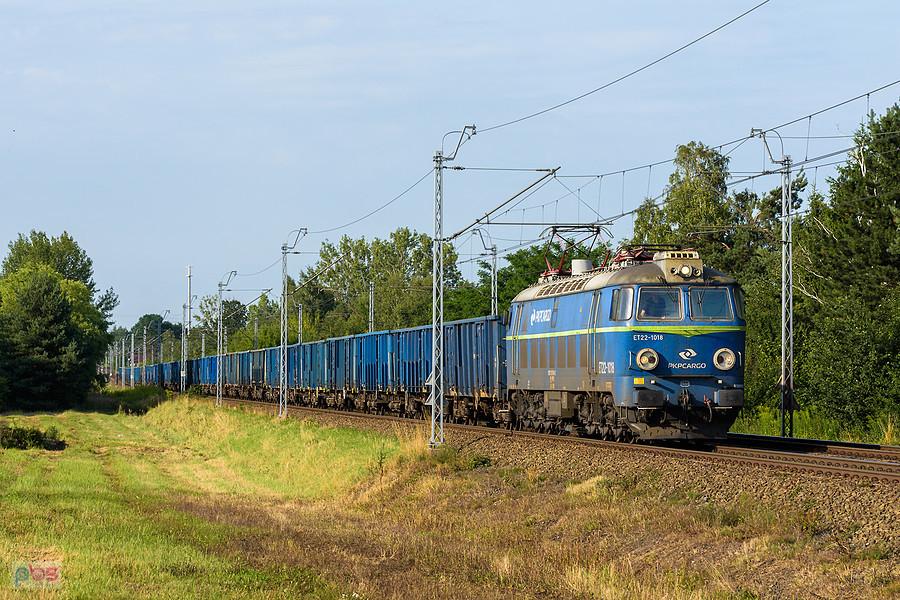 Szlak: podg. Wyczerpy - Częstochowa, linia D29-1. ET22-1018 mija dzielnicę Wyczerpy-Aniołów, kierując się na południe.