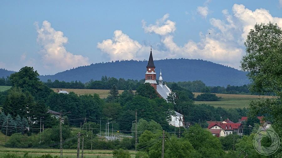 kościół w Olszynach, a w tle - Liwocz