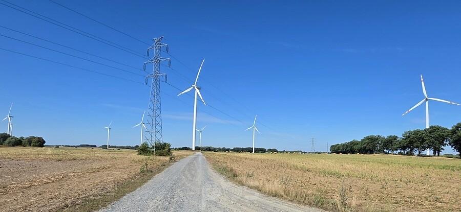 Wiatraki przy żwirowej drodze