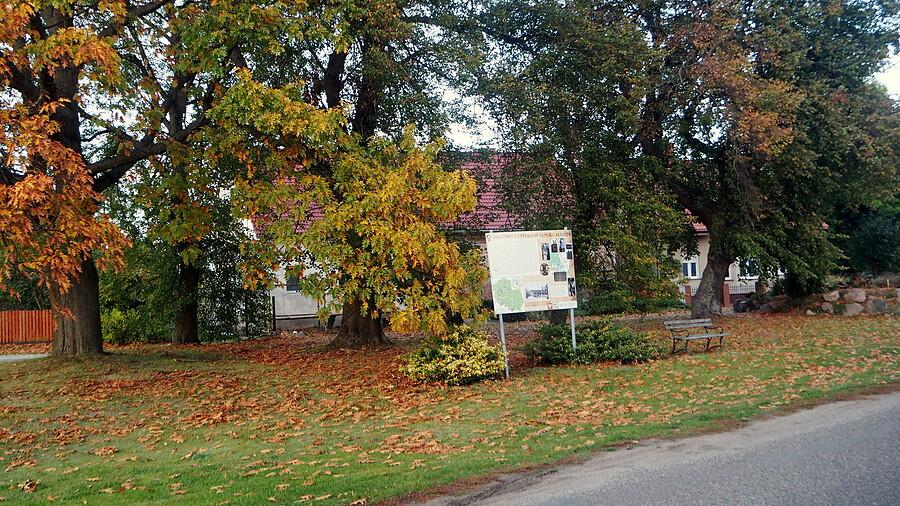 Jesienny park z tablicą informacyjną